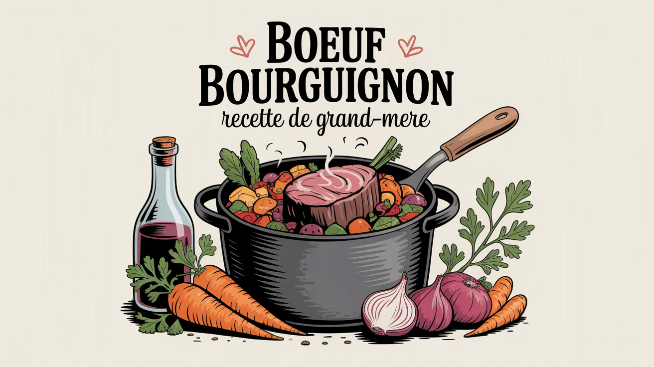 cocotte en fonte avec boeuf bourguignon recette de grand-mere et ingredients authentiques