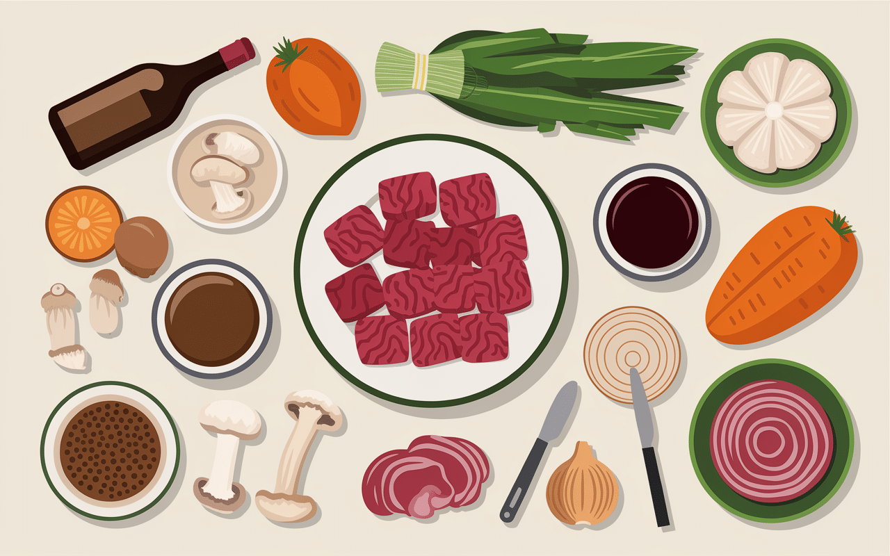 ingredients de boeuf bourguignon recette de grand-mere sur table vue du dessus