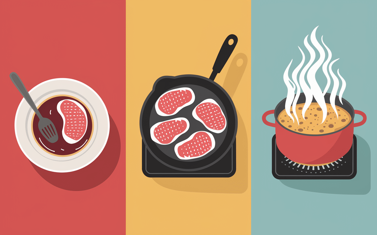 etapes de preparation boeuf bourguignon recette de grand-mere illustration didactique