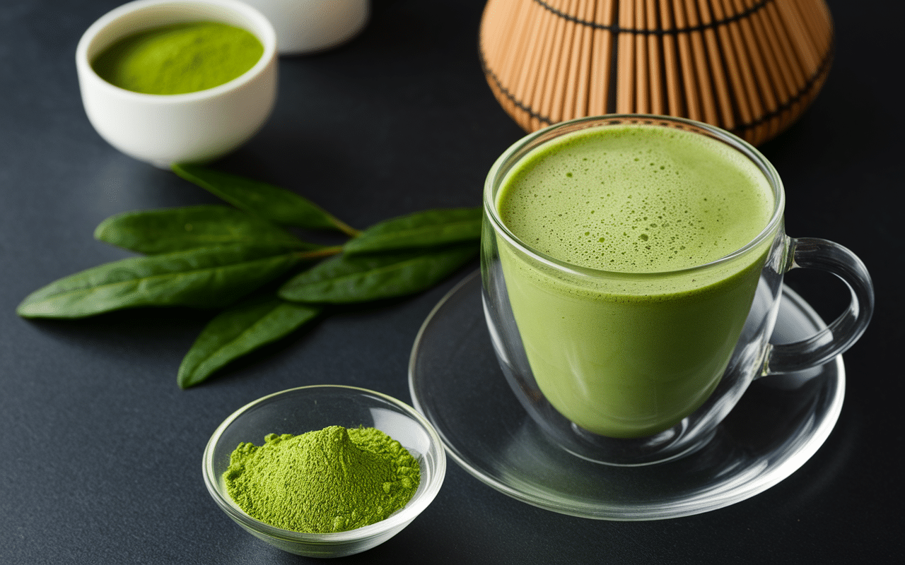 verre matcha latte mousse poudre matcha fouet bambou