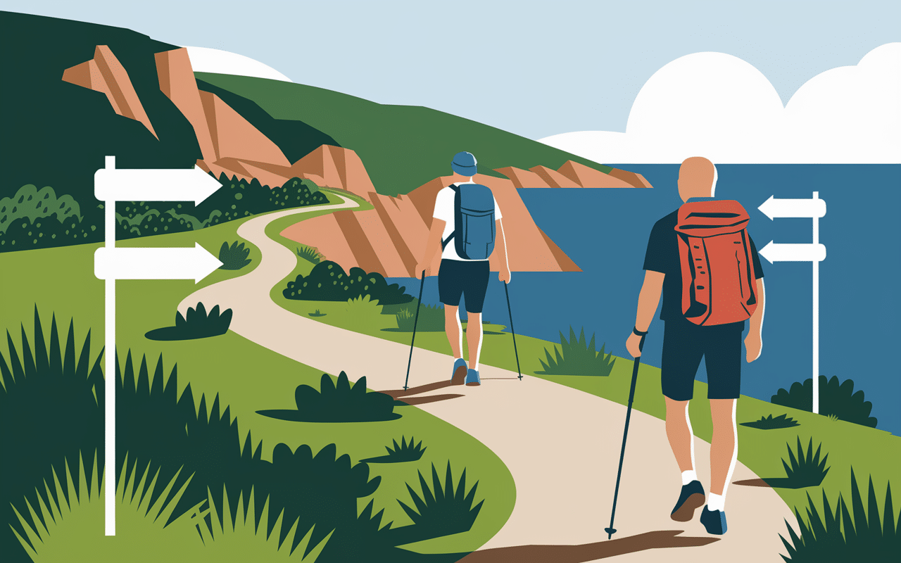 Sentier de randonnée vers plage de fiume bughju avec panneaux et randonneurs