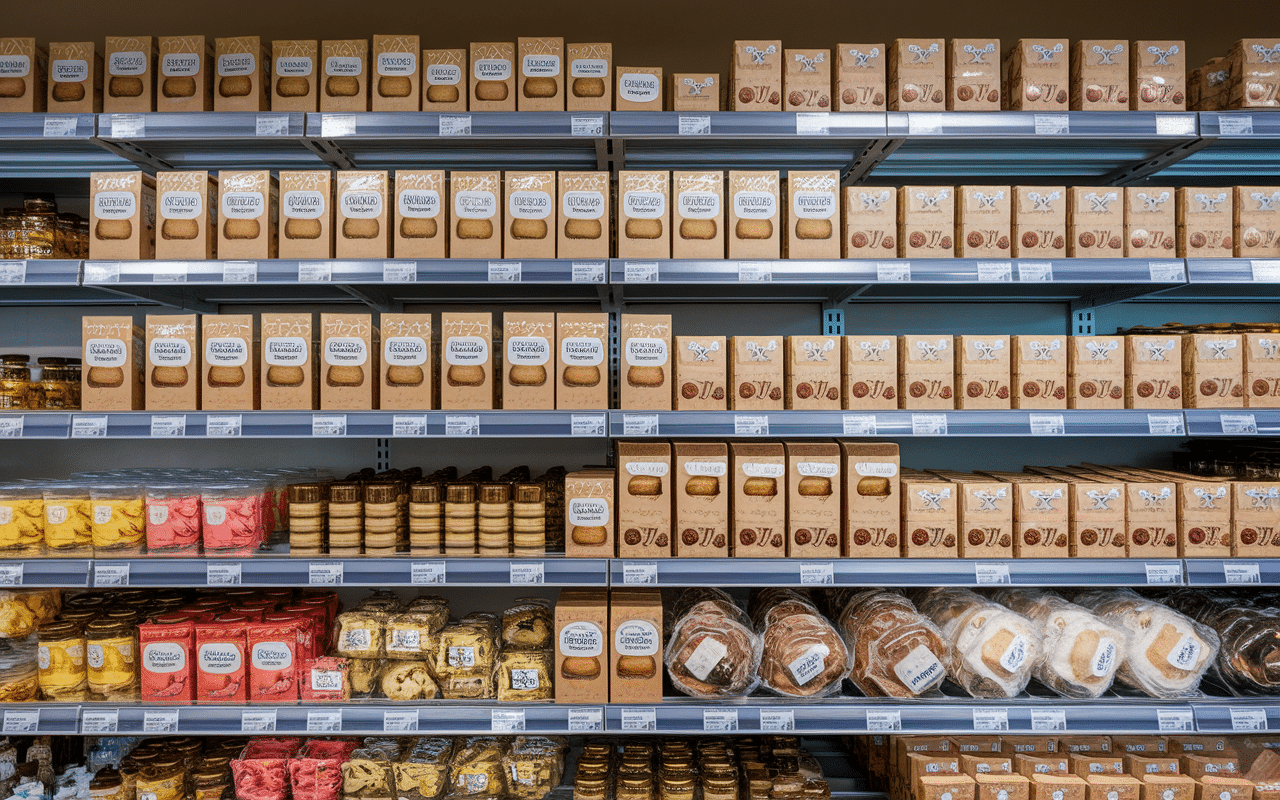 Étagères avec madeleines sans sucre dans supermarché