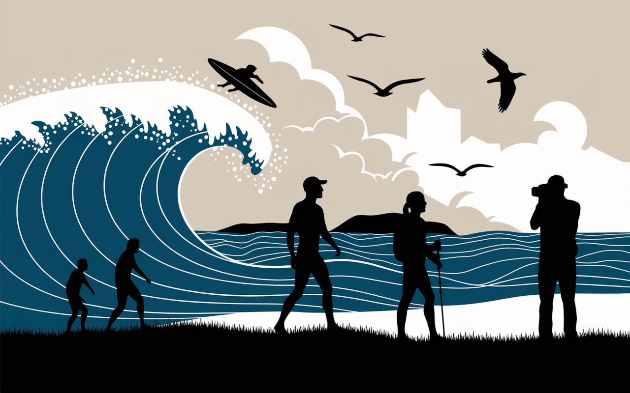 Surfeur et randonneurs à la plage de Pen Hat