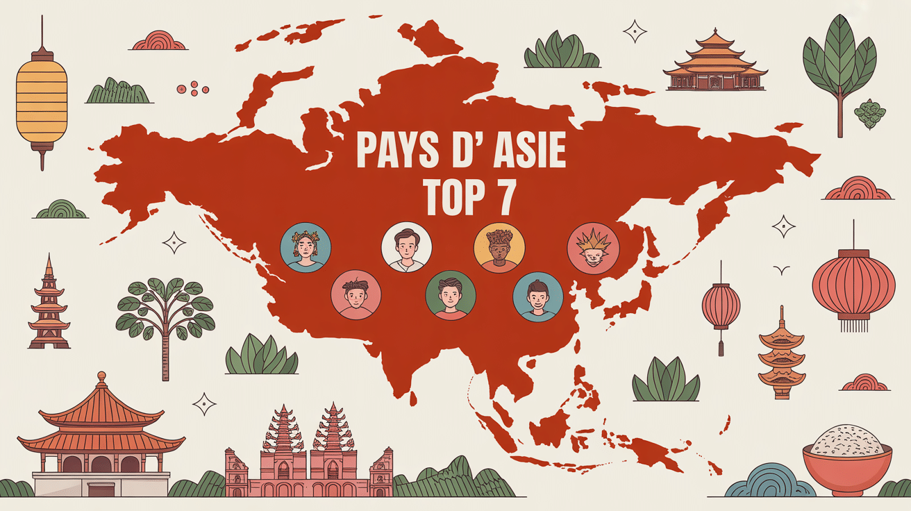 Carte des pays Asie top 7 avec icônes culturelles