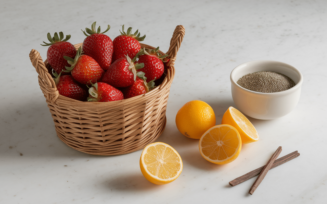 Fraises mûres et ingrédients confiture sans sucre