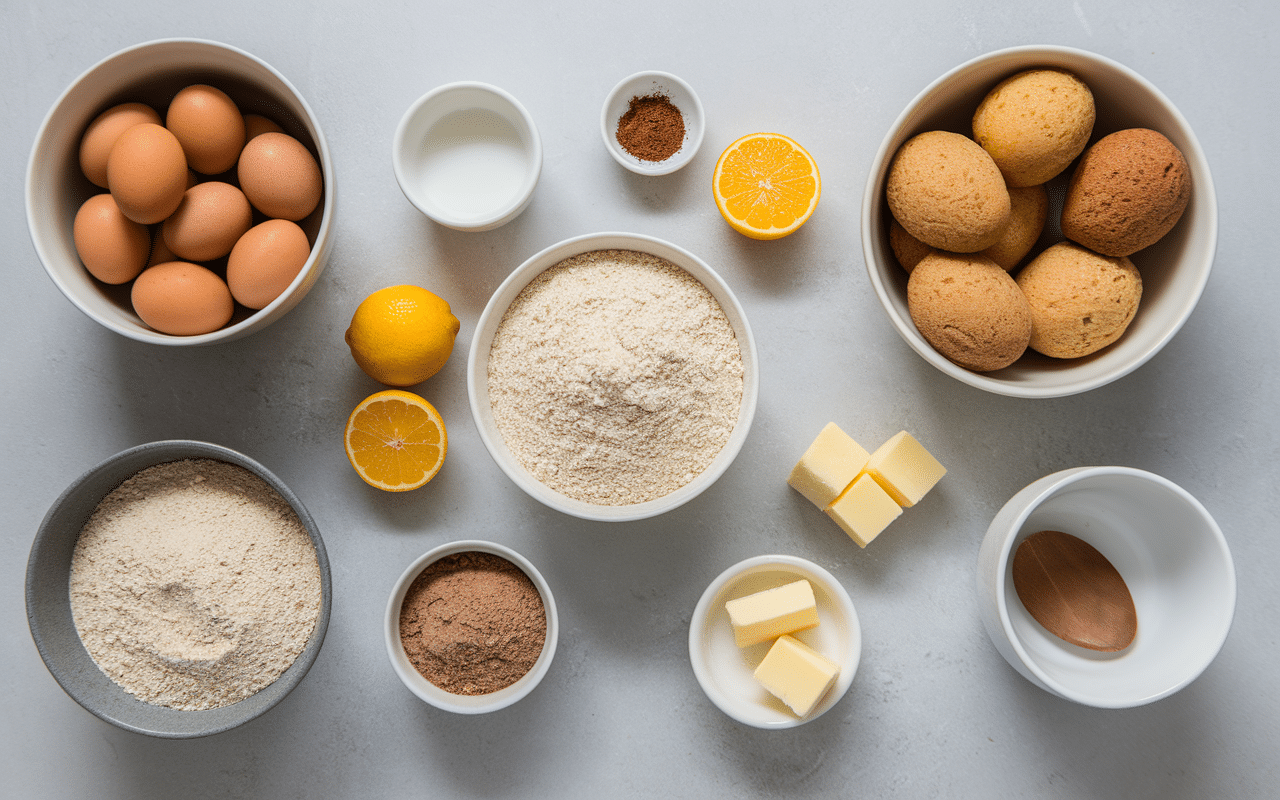Ingrédients pour madeleines sans sucre sur table