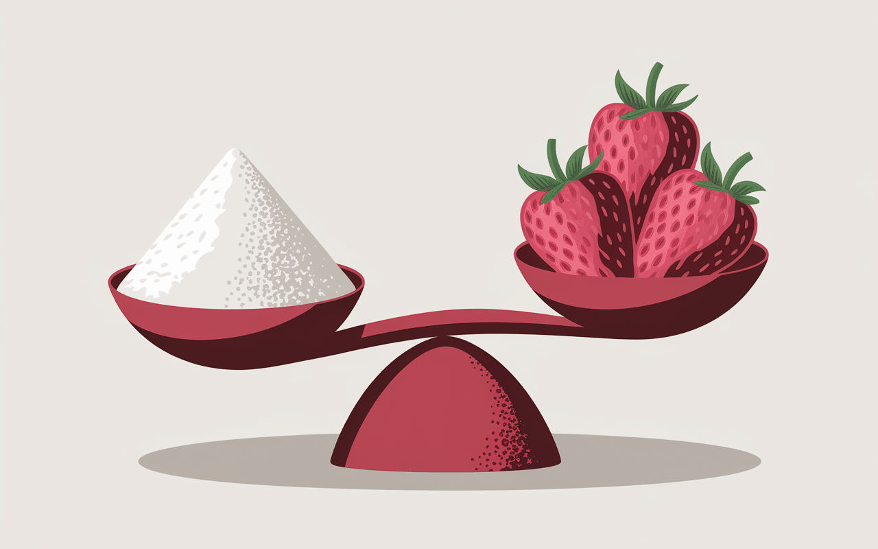 Balance avec sucre et fraises, symbole réduction calorique