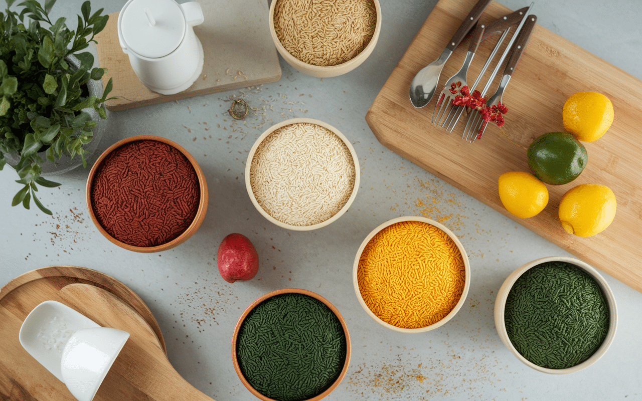 Cuisine avec pride rice et épices colorées