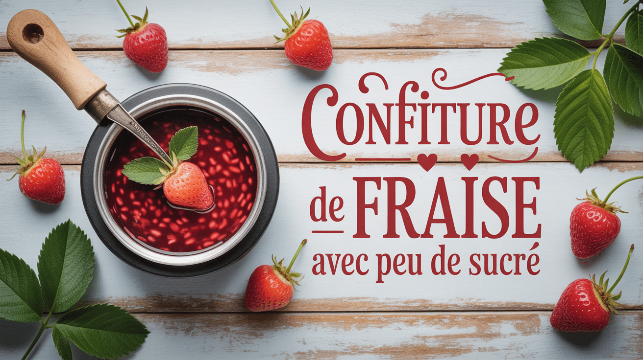 Confiture rouge brillante avec fraises fraîches, cuillère en bois
