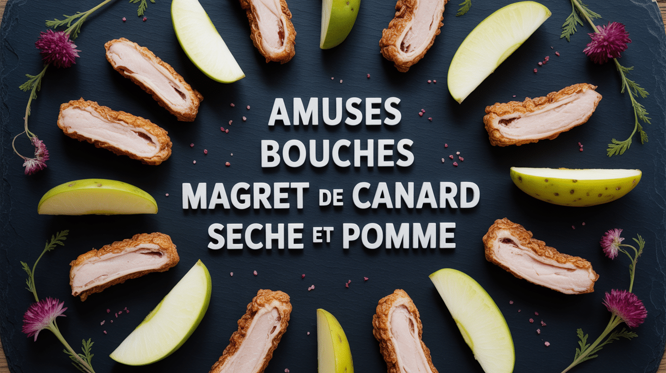 amuses bouches apéritif avec magret de canard séché et pomme sur plateau