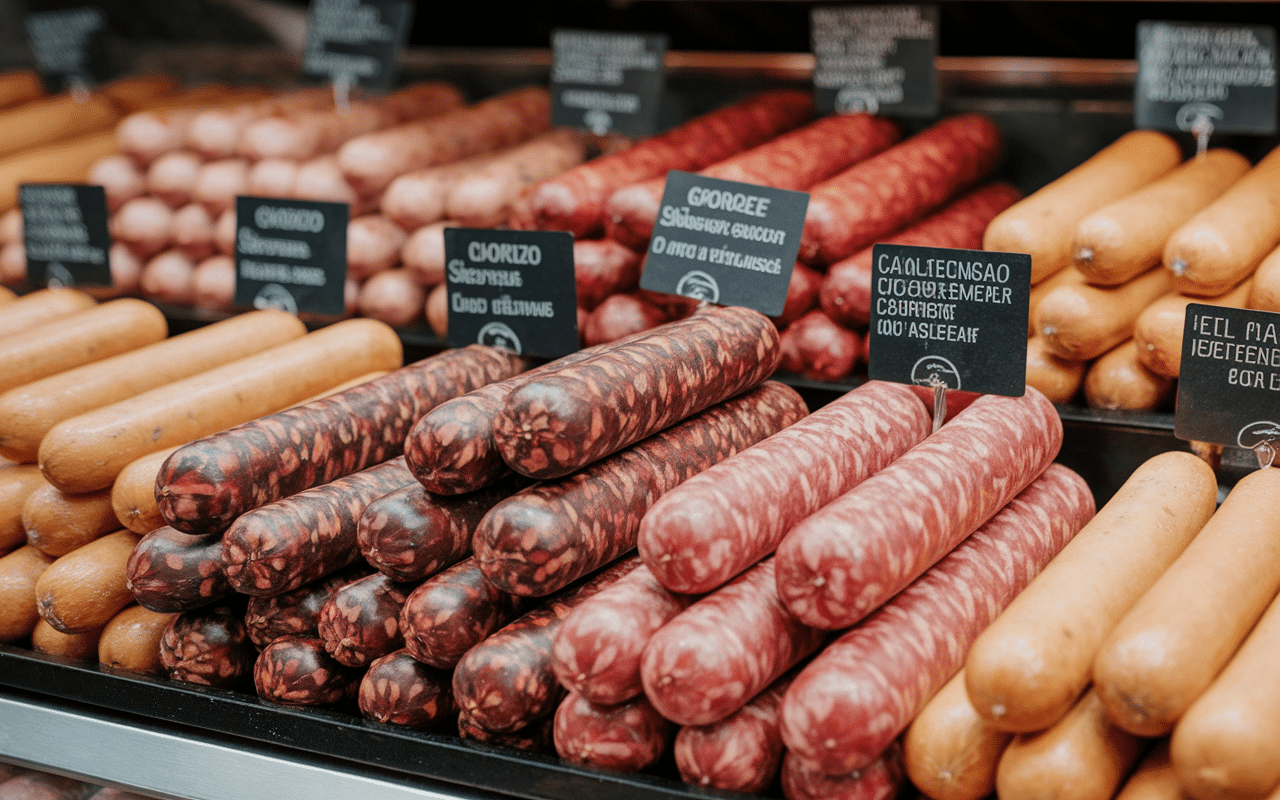 Différents chorizo barbecue en étal de marché