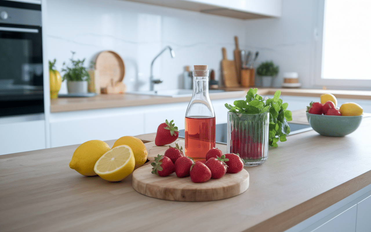 cocktail barbapapa limonade fraise ingrédients sur plan cuisine