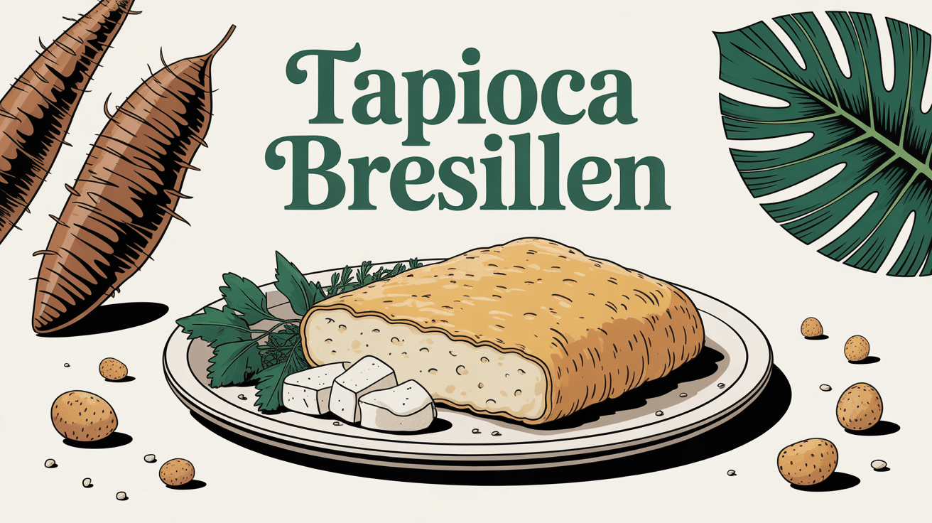 Crêpe tapioca bresilien dorée avec fromage et racines de manioc