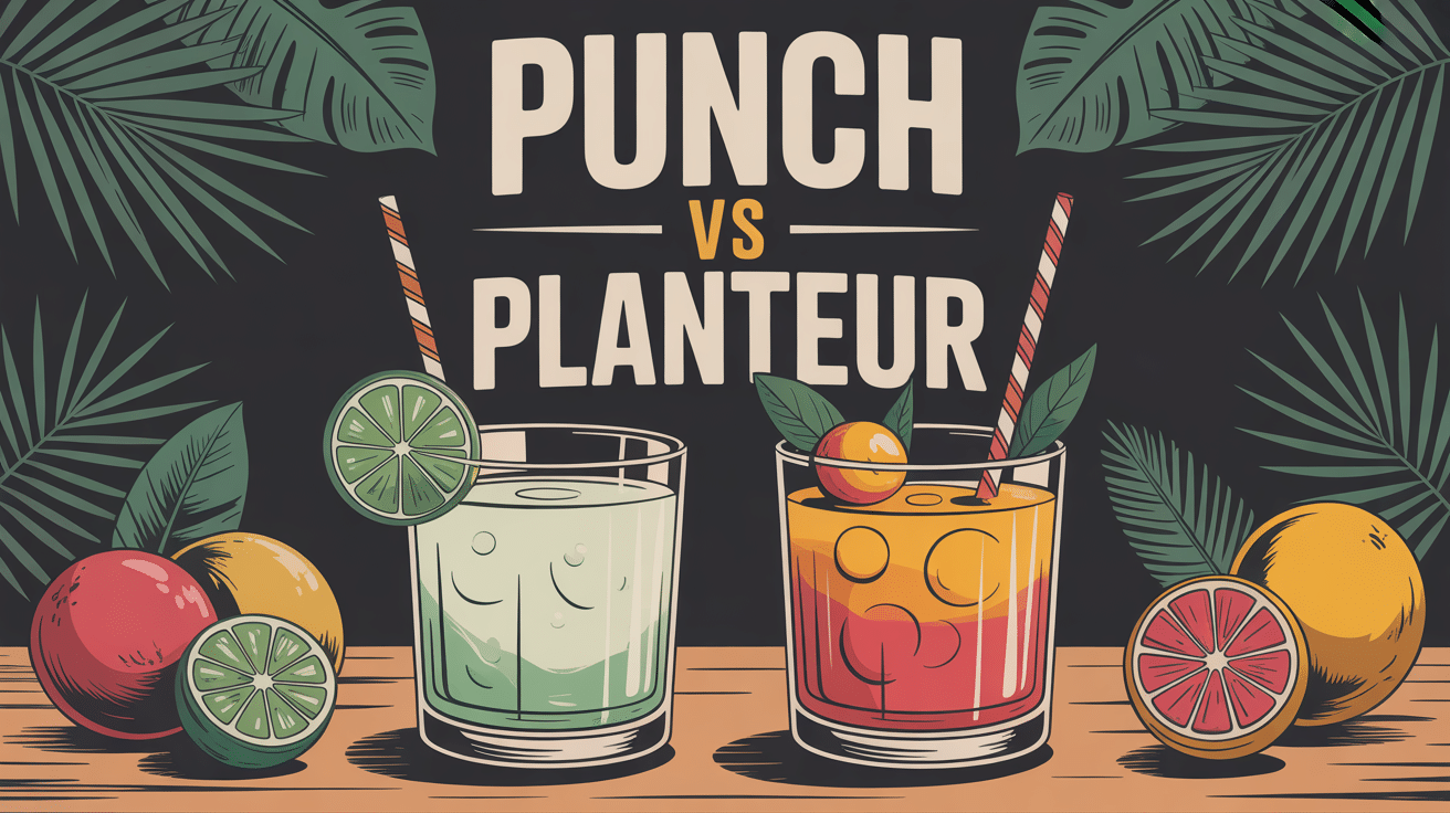 difference punch et planteur deux cocktails tropicaux sur table bois