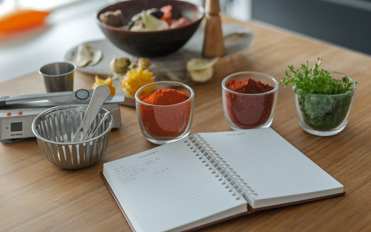 Dosage des épices à paella sur plan de travail moderne