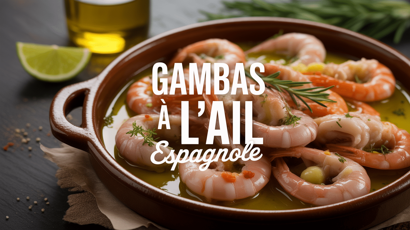 Assiette de gambas à l'ail recette espagnole sur plat rustique