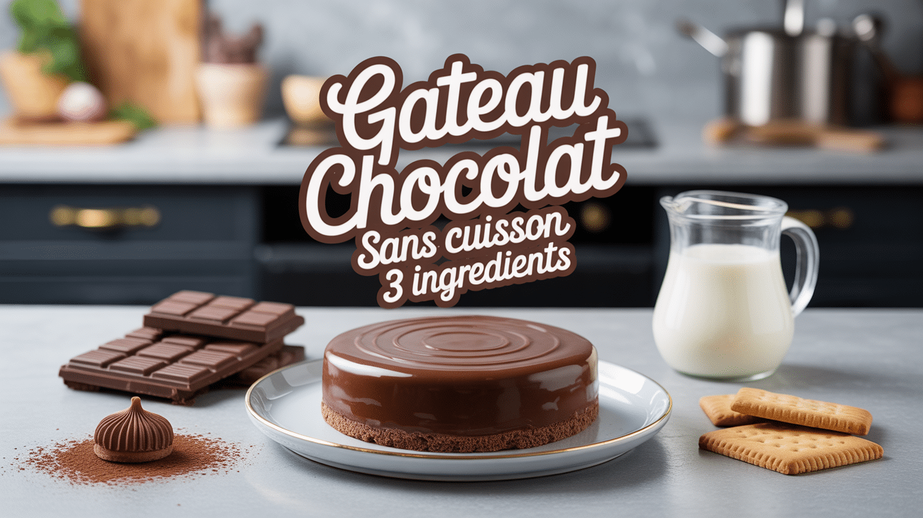 gâteau chocolat sans cuisson 3 ingrédients avec ingrédients sur assiette