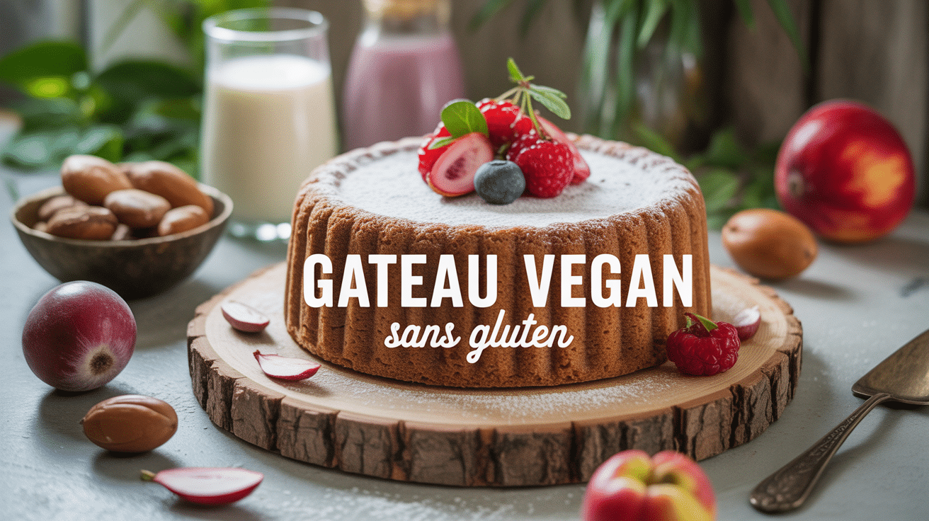 Gateau vegan sans gluten moelleux entouré d'ingrédients