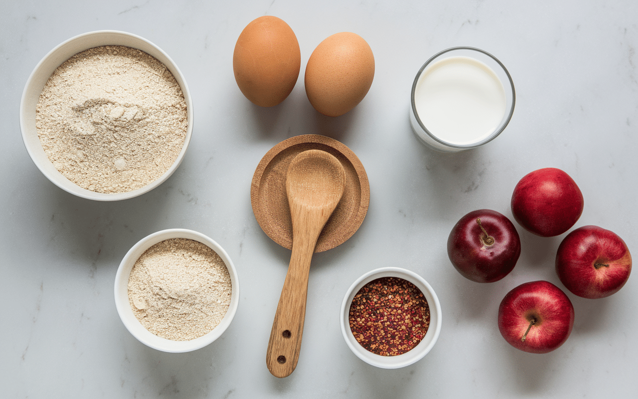 Ingrédients mug cake protéiné, vue aérienne, surface claire