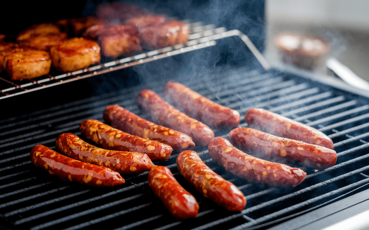 Chorizo barbecue en cuisson sur grille au feu