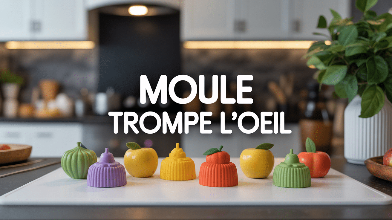 moule trompe l'oeil réaliste en fruits et légumes sur plan de travail