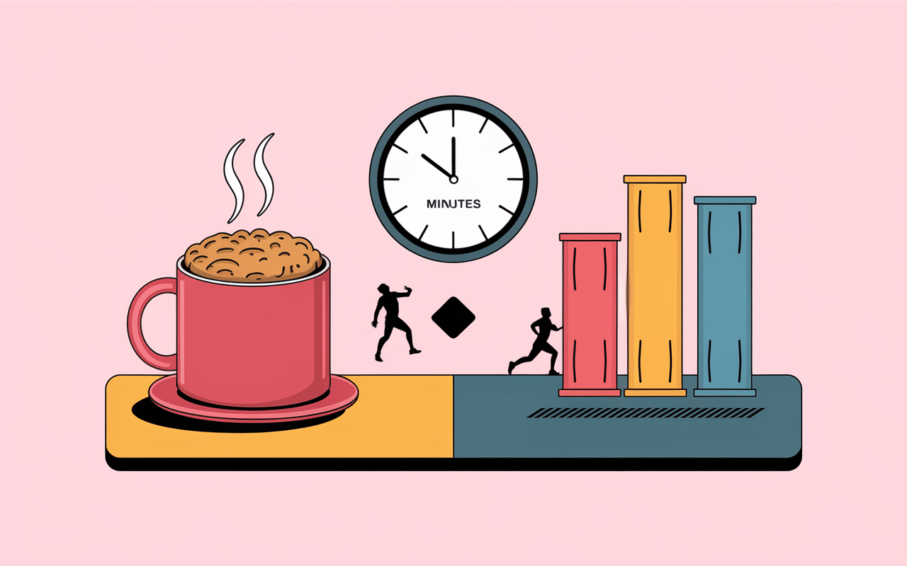 Balance avec mug cake protéiné, barres, sportifs, horloge