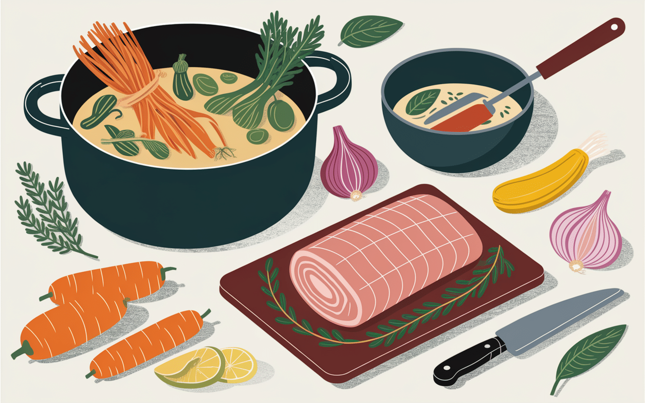 Étapes cuisine langue de porc vinaigrette en préparation