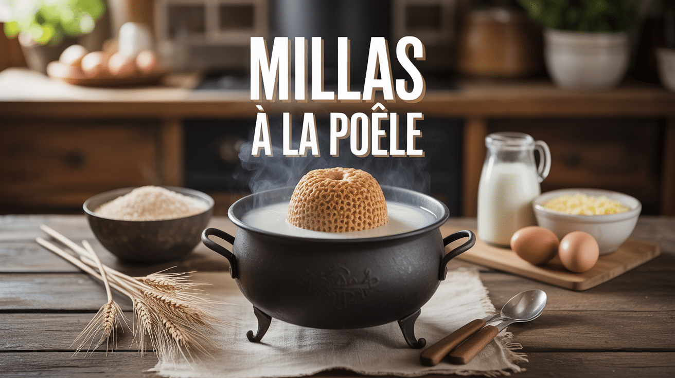 Recette millas à la poêle cuite en fonte sur table rustique