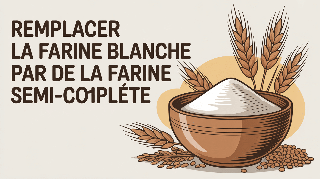 Remplacer farine blanche par farine semi-complète bol de farine et blé