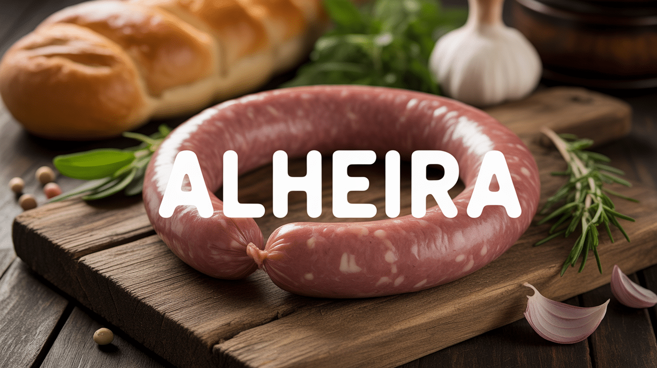 Alheira fumée sur planche bois avec ingrédients