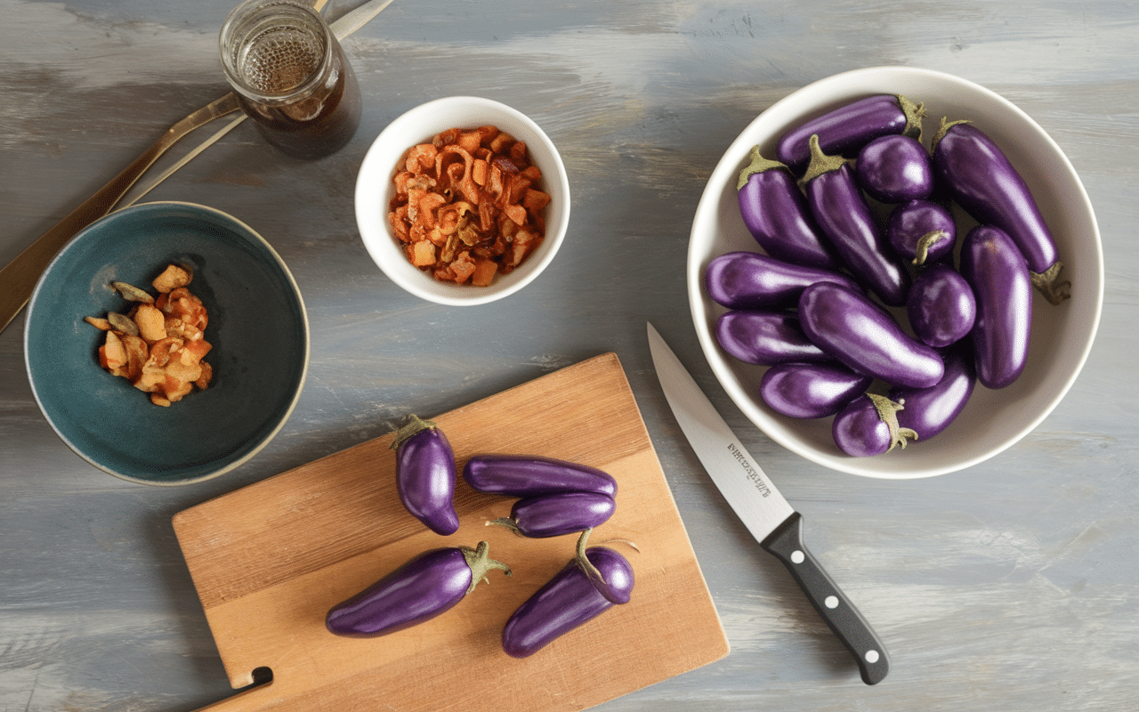 Découpe aubergine fondante à la poêle planche bois