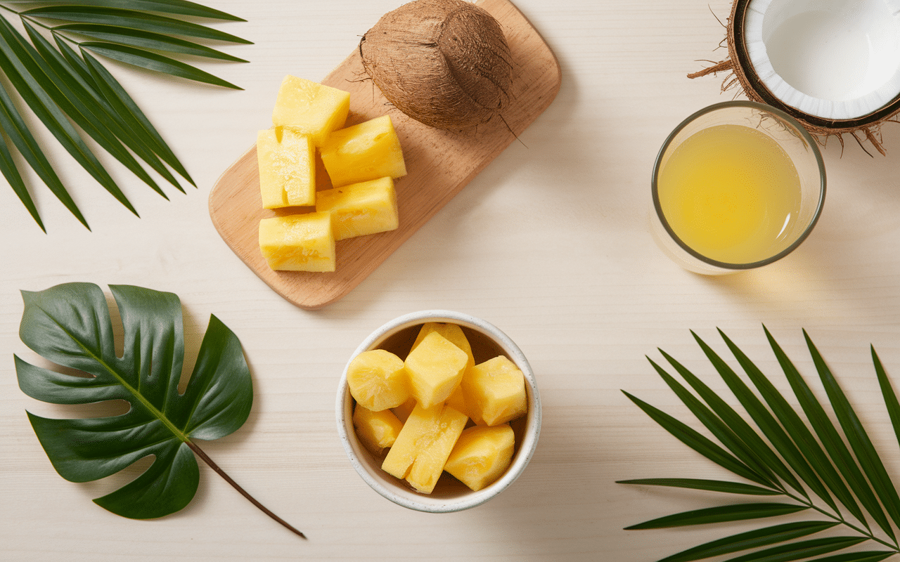 Ingrédients pina colada sans alcool sur table bois