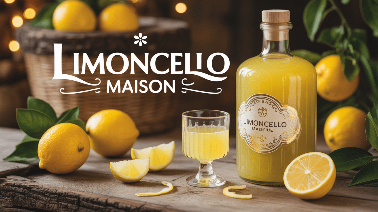 limoncello recette bouteille sur table avec citrons