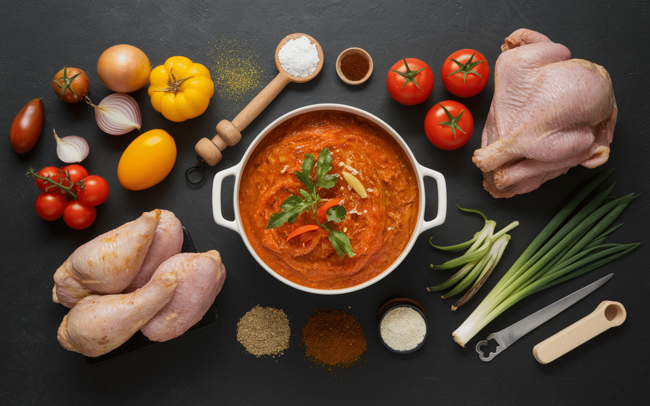 ingrédients mafé poulet disposés pour recette