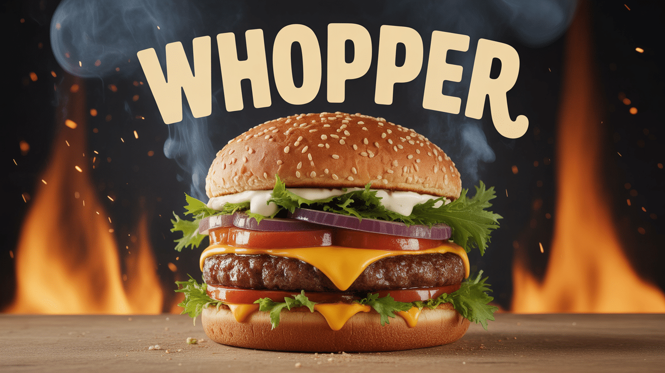 Whopper géant fumant devant flammes