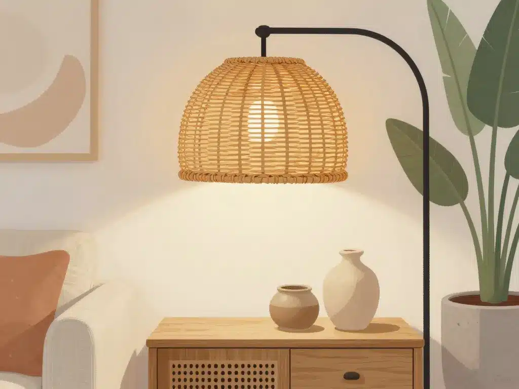 abat jour rotin avec bois clair, lin, métal noir et vert sauge