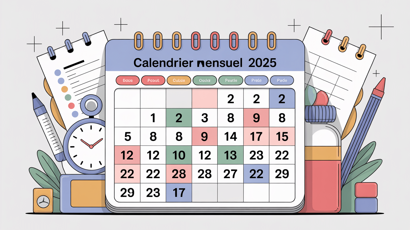 Illustration calendrier mensuel 2025 à imprimer, outils d’organisation
