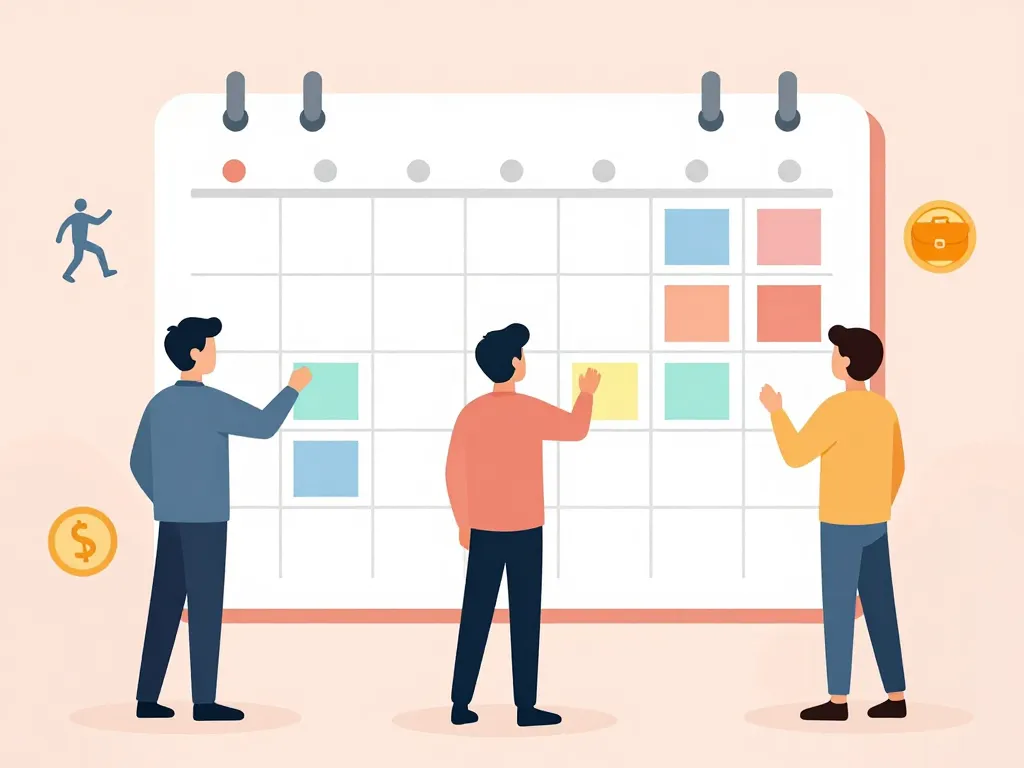 Scène collaborative autour d’un calendrier mensuel partagé