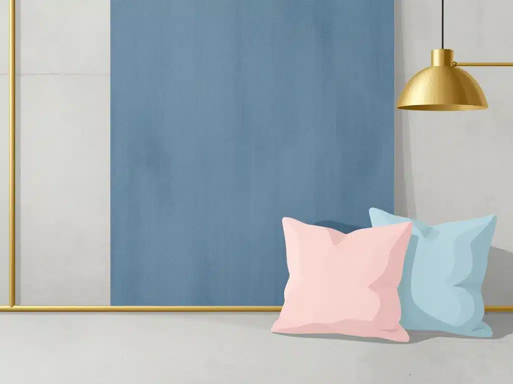 Illustration déco couleur en d avec mur béton, accents dorés et textiles dragée