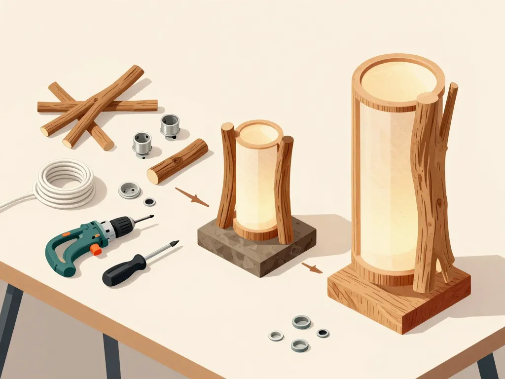 montage lampe bois flotté sur établi