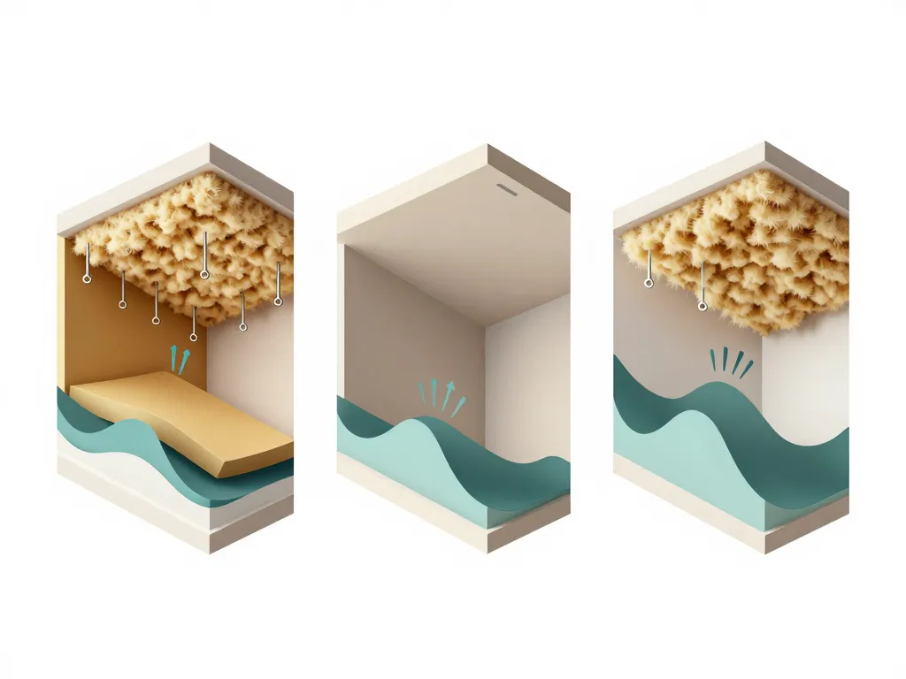 Schéma comparatif isolation phonique plafond suspendu collé et dalles