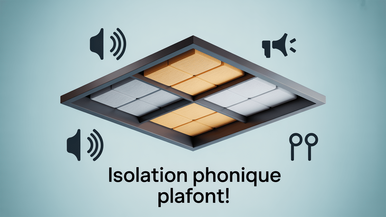 Illustration 3D isolation phonique plafond avec suspentes acoustiques et double parement