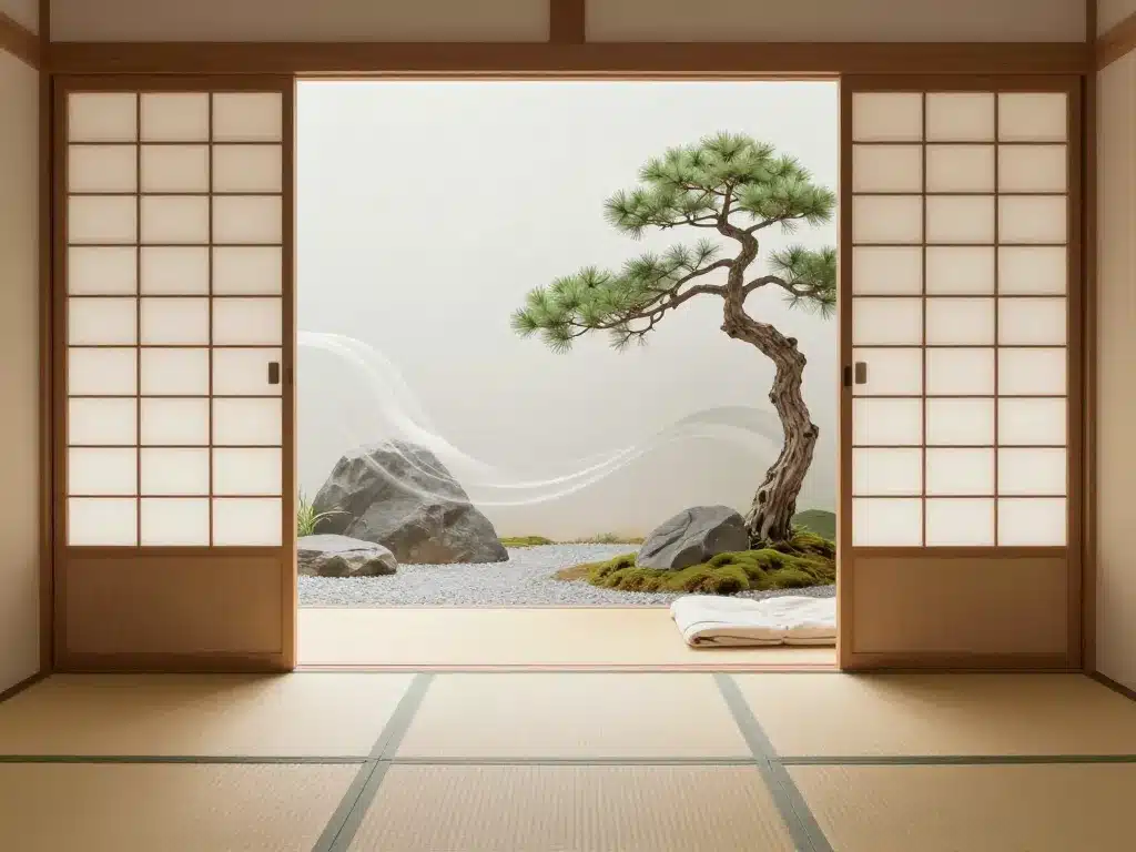 Intérieur de maisons japonaises avec shoji, tatamis et jardin sec
