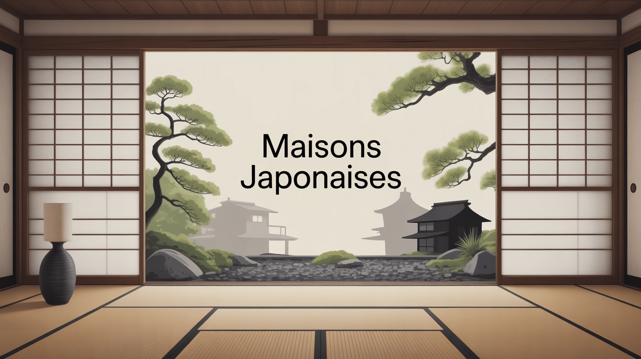 Illustration des maisons japonaises, sobriété, lumière douce, nature