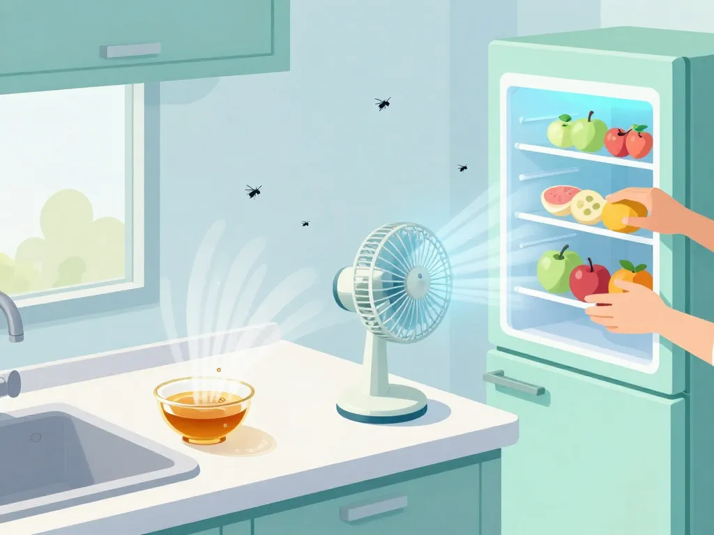 Scène moucheron cuisine piège vinaigre ventilateur fruits au frais