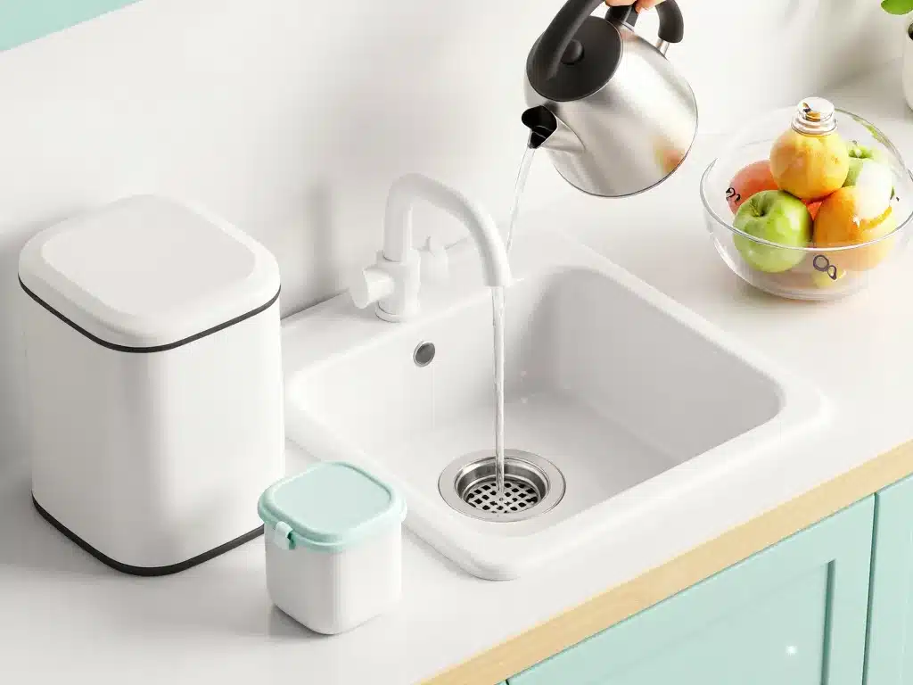 Visuel moucheron cuisine nettoyage drain poubelle compost cloche fruits