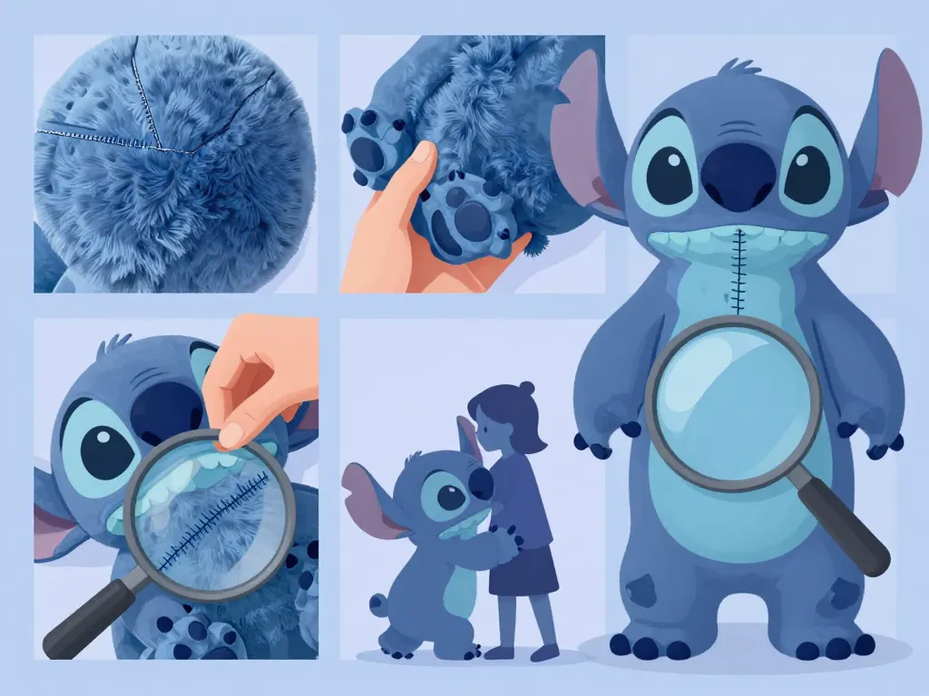 détails couture et rembourrage stitch peluche, échelle enfant adulte