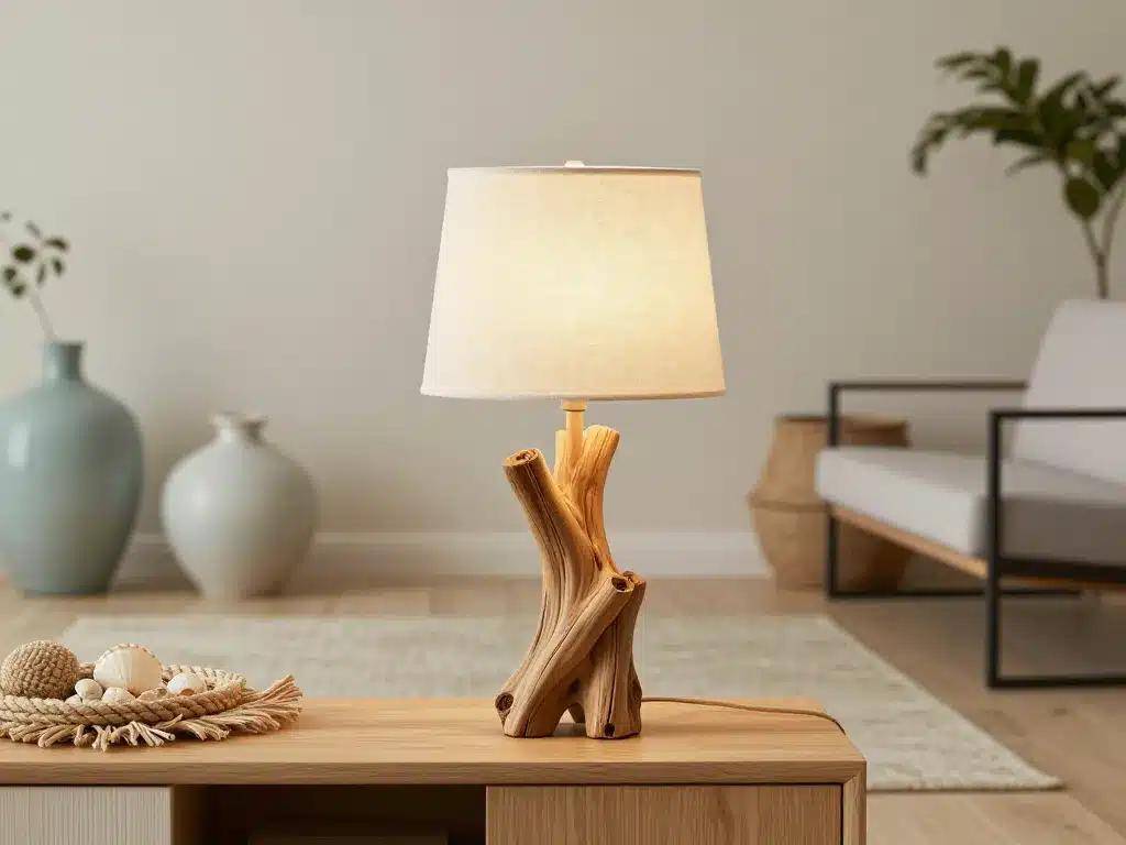lampe bois flotté dans salon moderne et nature