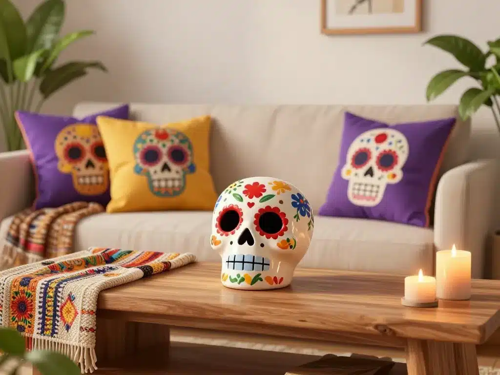 tete de mort mexicaine en ceramique dans salon chaleureux