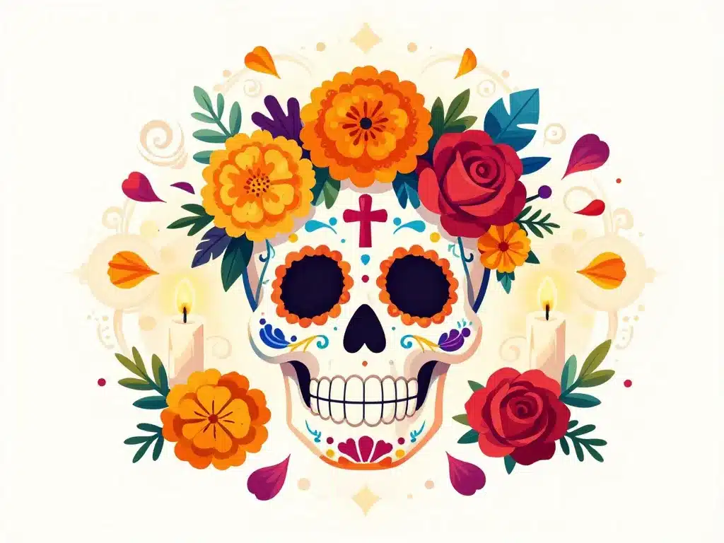 tete de mort mexicaine aux couleurs vives et motifs sacres